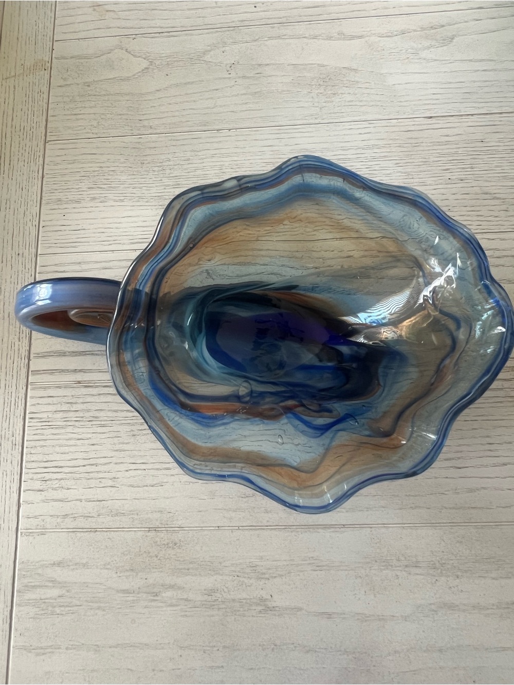 Hand Blown Art Glass Freeform Bowl Blue Amber Swirl Sculptural Coastal Decor